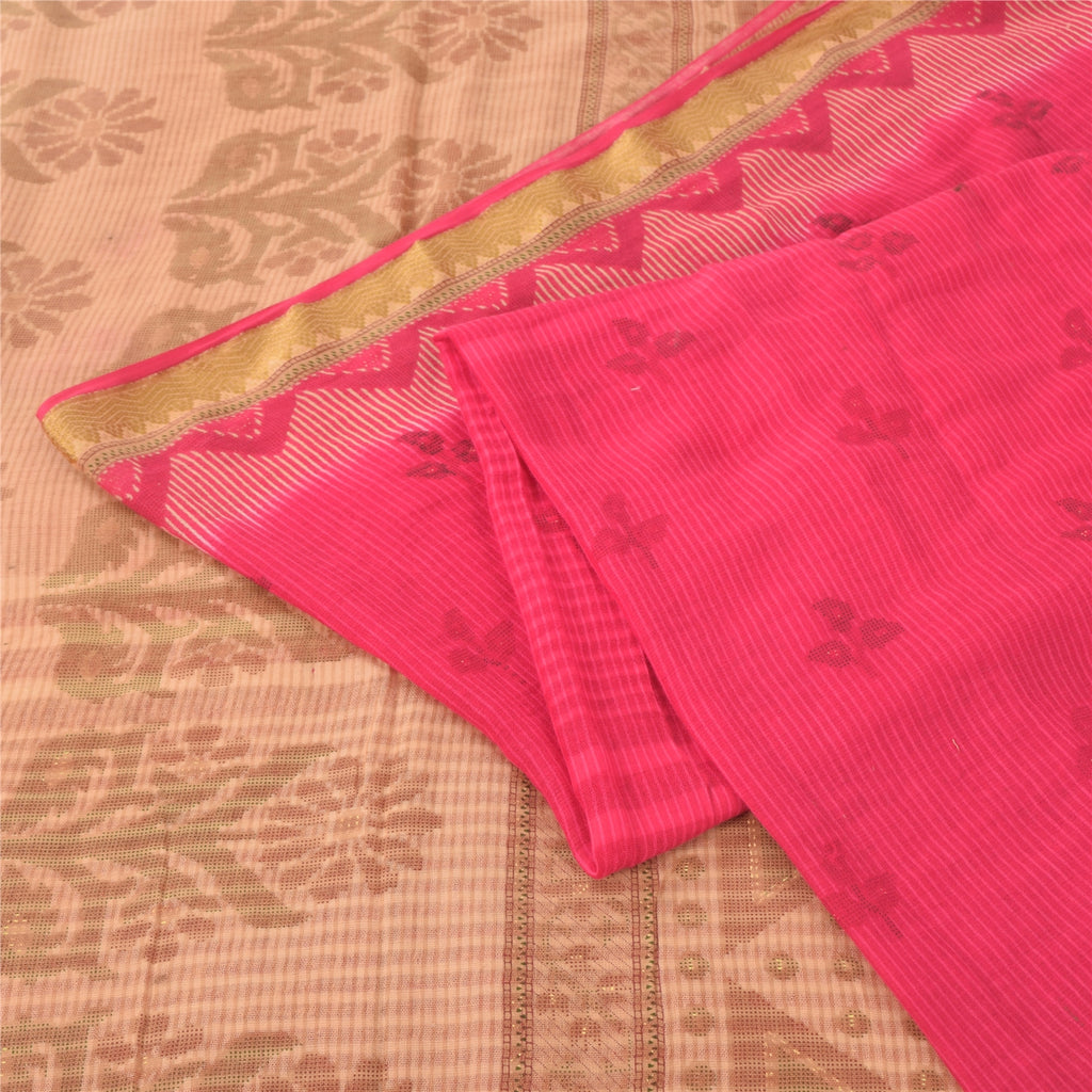 Sanskriti Vintage Sarees Hot-Pink/Brown Pure Cotton Print Sari 5yd Craft Sustainable Fabric