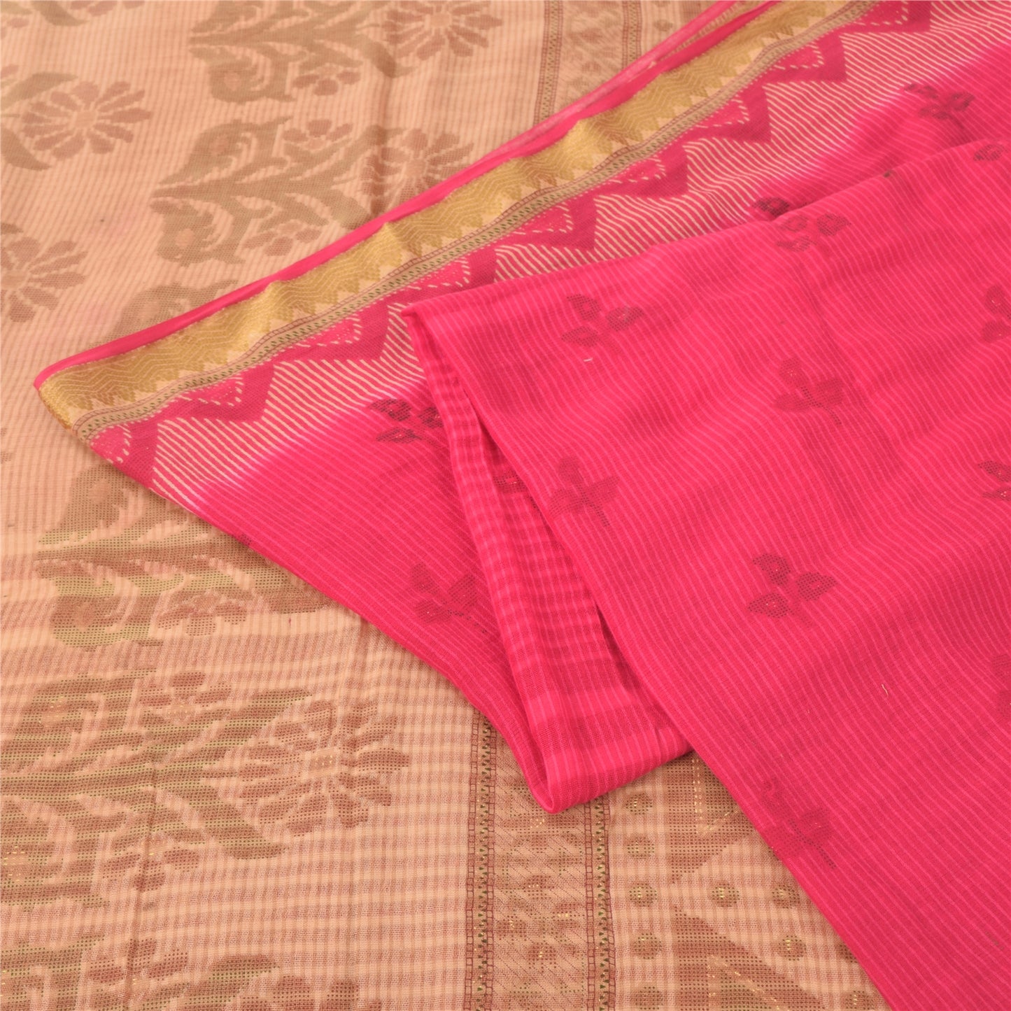 Sanskriti Vintage Sarees Hot-Pink/Brown Pure Cotton Print Sari 5yd Craft Sustainable Fabric