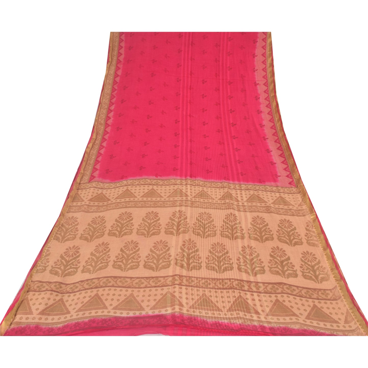 Sanskriti Vintage Sarees Hot-Pink/Brown Pure Cotton Print Sari 5yd Craft Sustainable Fabric