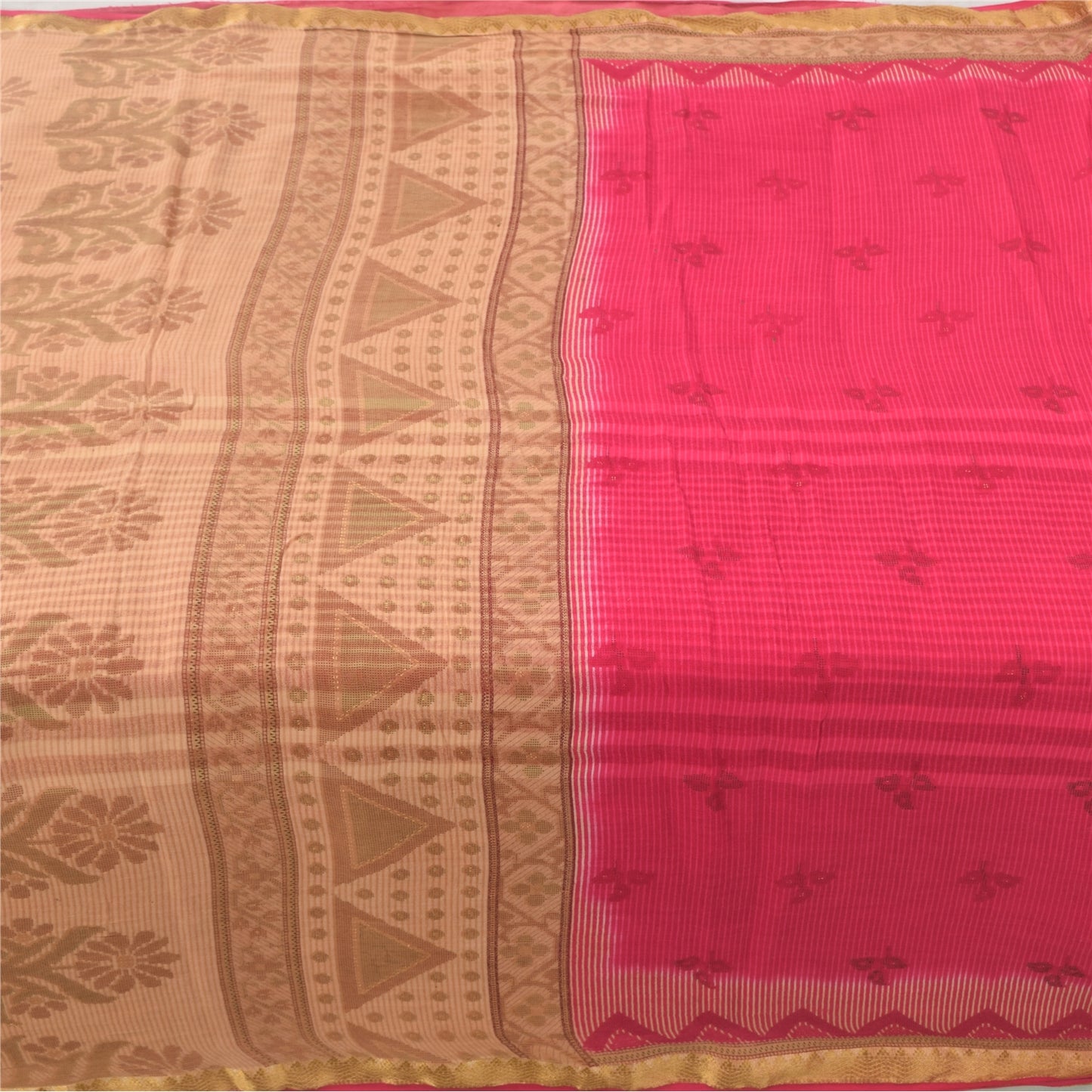 Sanskriti Vintage Sarees Hot-Pink/Brown Pure Cotton Print Sari 5yd Craft Sustainable Fabric