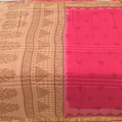 Sanskriti Vintage Sarees Hot-Pink/Brown Pure Cotton Print Sari 5yd Craft Sustainable Fabric