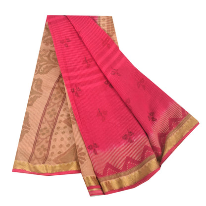 Sanskriti Vintage Sarees Hot-Pink/Brown Pure Cotton Print Sari 5yd Craft Sustainable Fabric