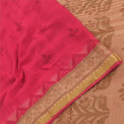 Sanskriti Vintage Sarees Hot-Pink/Brown Pure Cotton Print Sari 5yd Craft Sustainable Fabric