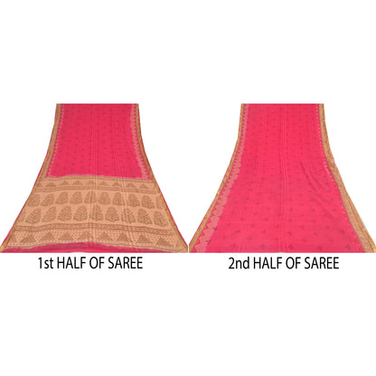 Sanskriti Vintage Sarees Hot-Pink/Brown Pure Cotton Print Sari 5yd Craft Sustainable Fabric