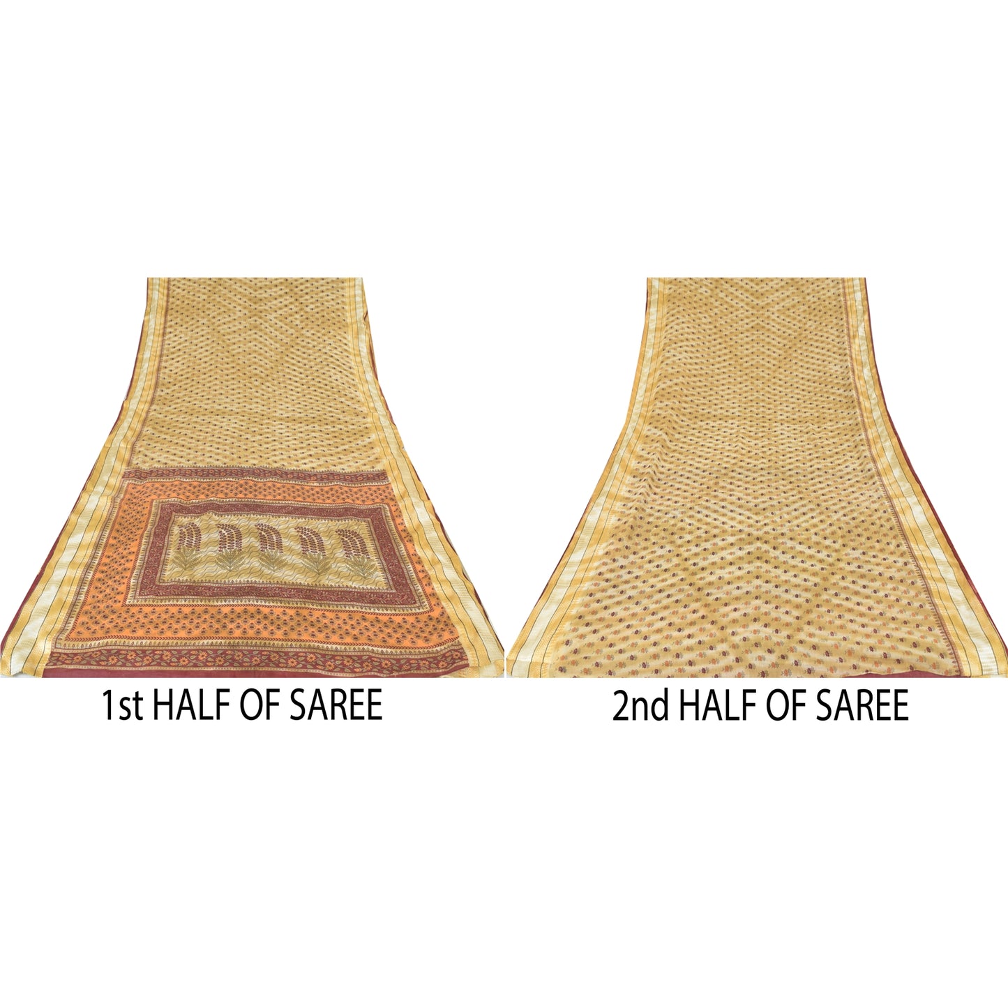 Sanskriti Vintage Sarees Pale-Yellow Pure Cotton Printed Sari 5yd Craft Sustainable Fabric