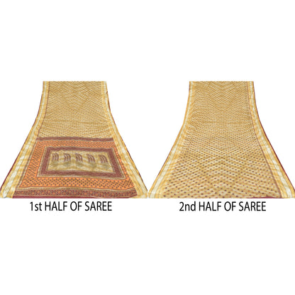 Sanskriti Vintage Sarees Pale-Yellow Pure Cotton Printed Sari 5yd Craft Sustainable Fabric