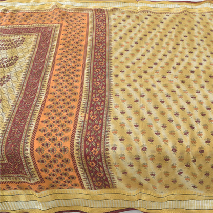 Sanskriti Vintage Sarees Pale-Yellow Pure Cotton Printed Sari 5yd Craft Sustainable Fabric