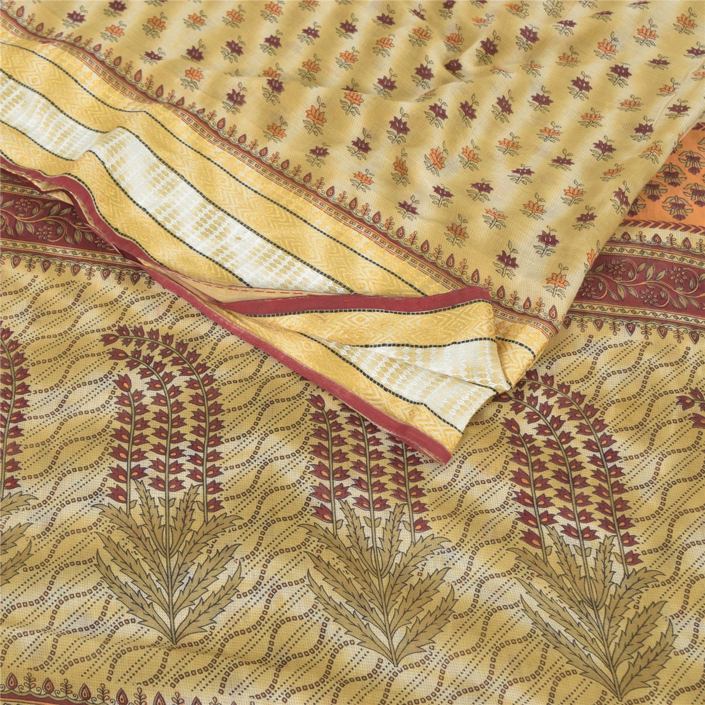 Sanskriti Vintage Sarees Pale-Yellow Pure Cotton Printed Sari 5yd Craft Sustainable Fabric