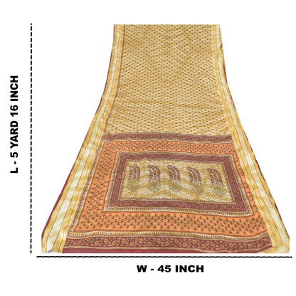 Sanskriti Vintage Sarees Pale-Yellow Pure Cotton Printed Sari 5yd Craft Sustainable Fabric