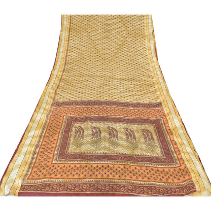 Sanskriti Vintage Sarees Pale-Yellow Pure Cotton Printed Sari 5yd Craft Sustainable Fabric