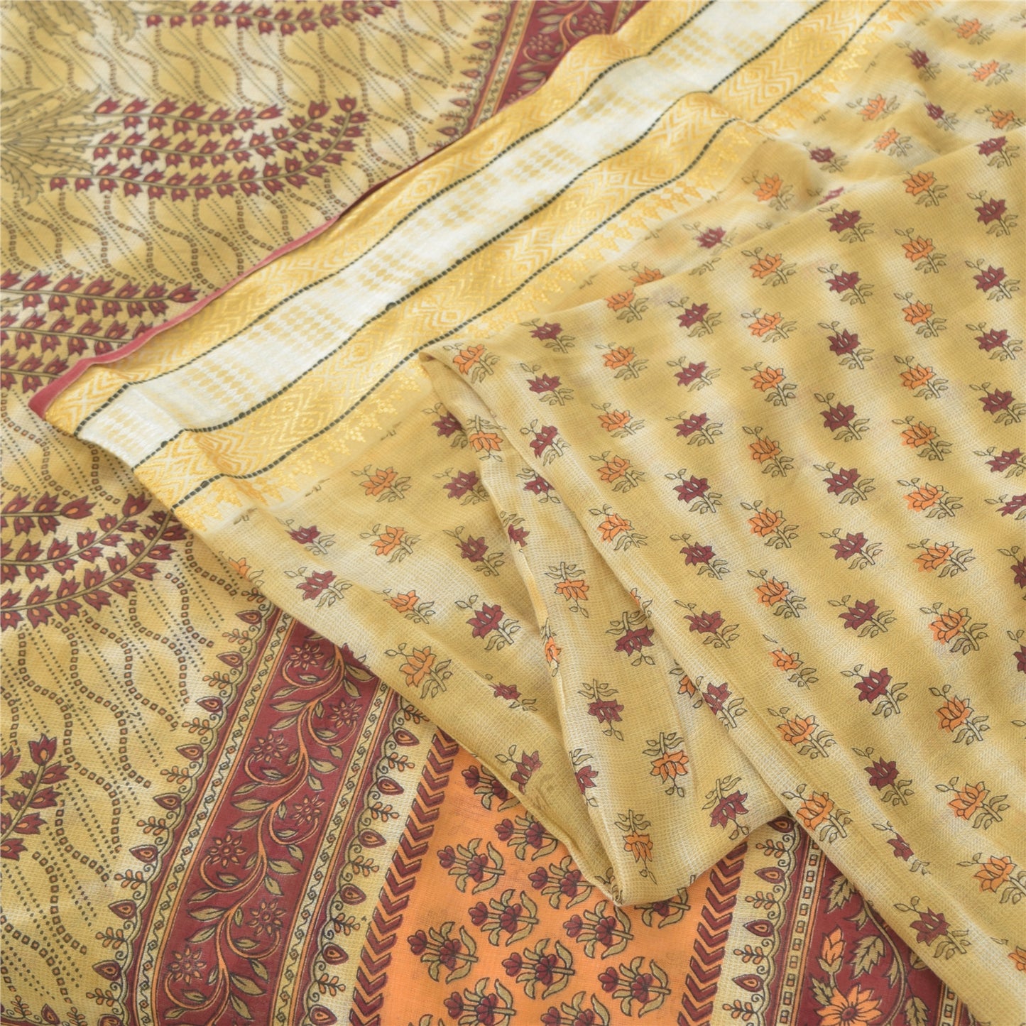 Sanskriti Vintage Sarees Pale-Yellow Pure Cotton Printed Sari 5yd Craft Sustainable Fabric