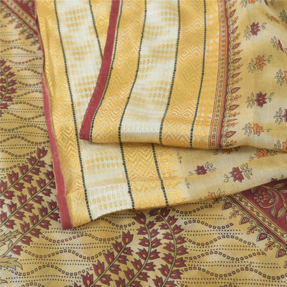 Sanskriti Vintage Sarees Pale-Yellow Pure Cotton Printed Sari 5yd Craft Sustainable Fabric
