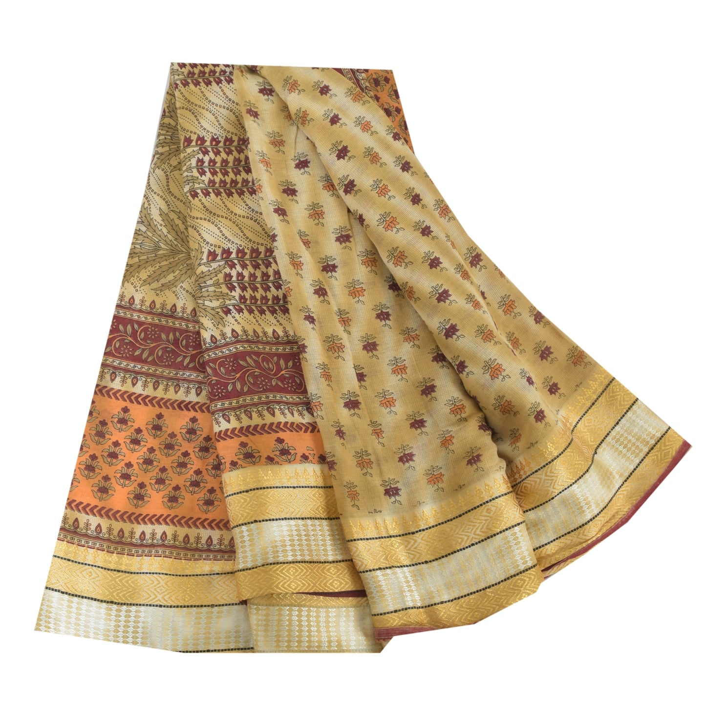 Sanskriti Vintage Sarees Pale-Yellow Pure Cotton Printed Sari 5yd Craft Sustainable Fabric