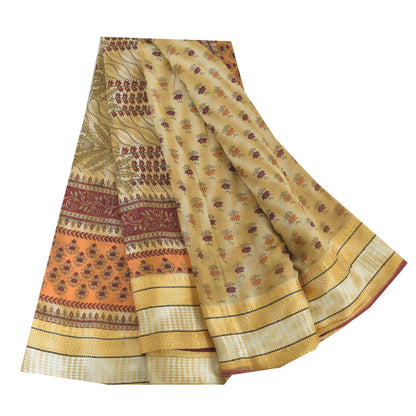 Sanskriti Vintage Sarees Pale-Yellow Pure Cotton Printed Sari 5yd Craft Sustainable Fabric
