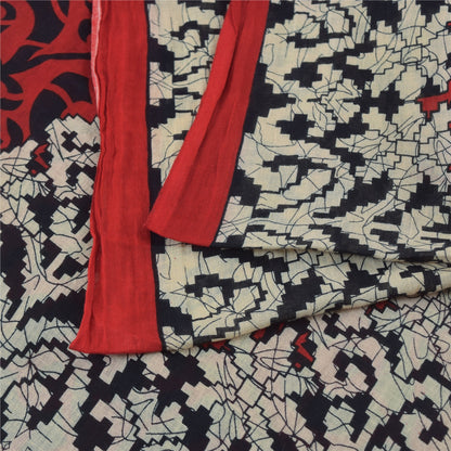 Sanskriti Vintage Sarees Red/Black Pure Cotton Printed Sari 5yd Craft Sustainable Fabric