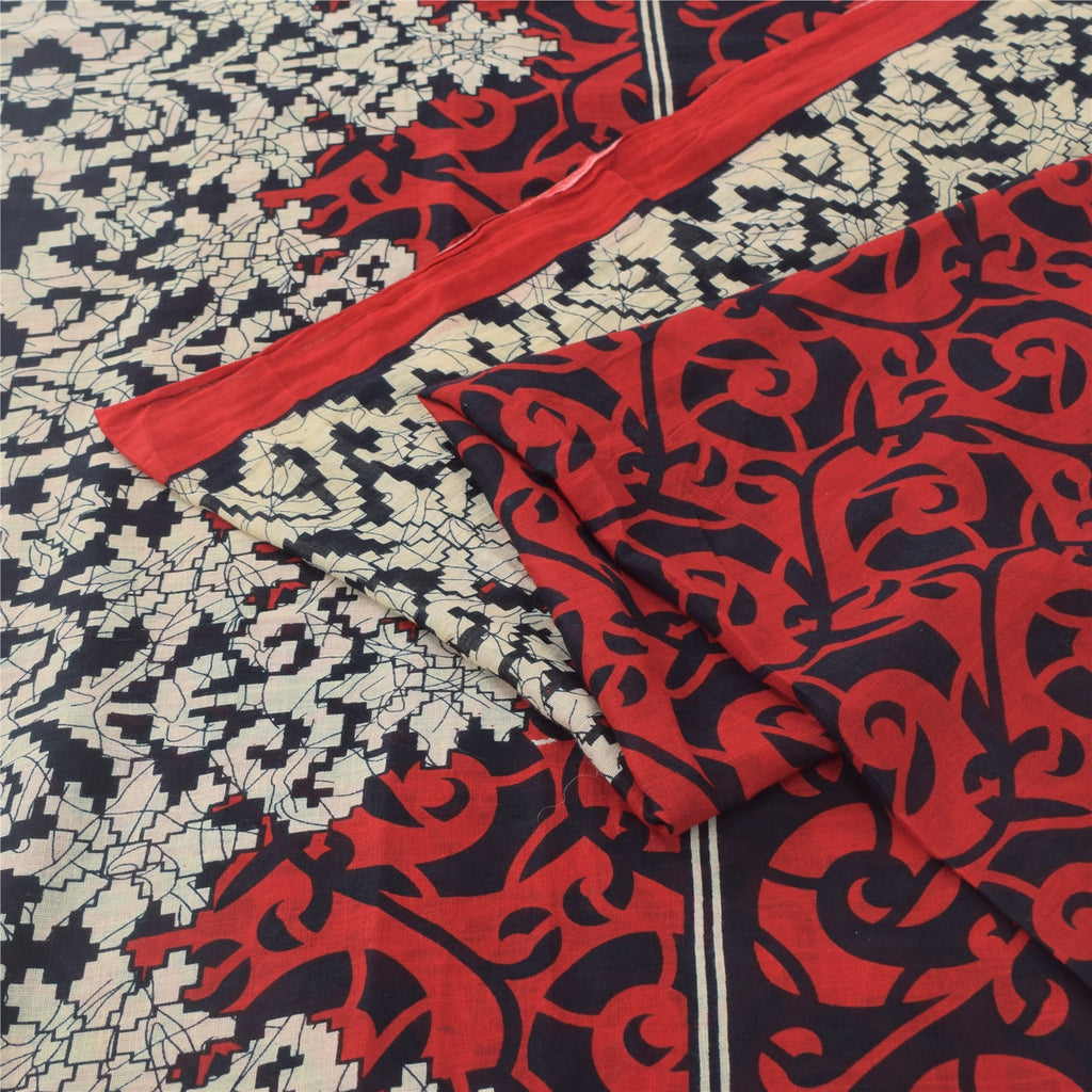 Sanskriti Vintage Sarees Red/Black Pure Cotton Printed Sari 5yd Craft Sustainable Fabric