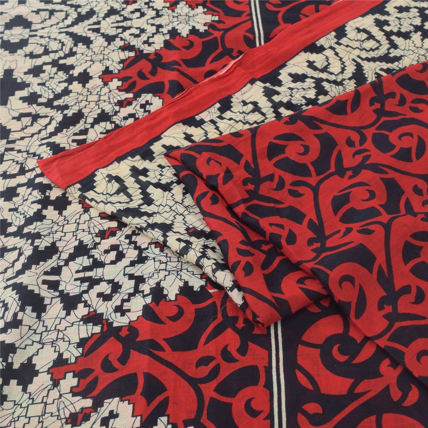 Sanskriti Vintage Sarees Red/Black Pure Cotton Printed Sari 5yd Craft Sustainable Fabric