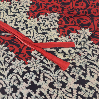 Sanskriti Vintage Sarees Red/Black Pure Cotton Printed Sari 5yd Craft Sustainable Fabric
