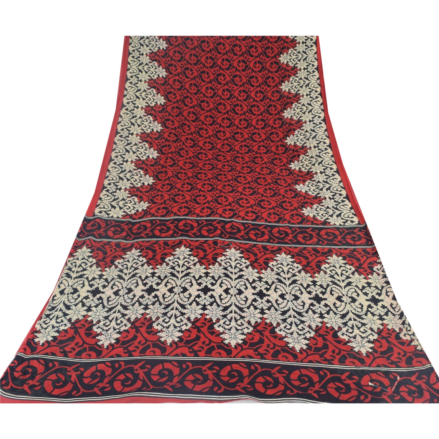 Sanskriti Vintage Sarees Red/Black Pure Cotton Printed Sari 5yd Craft Sustainable Fabric