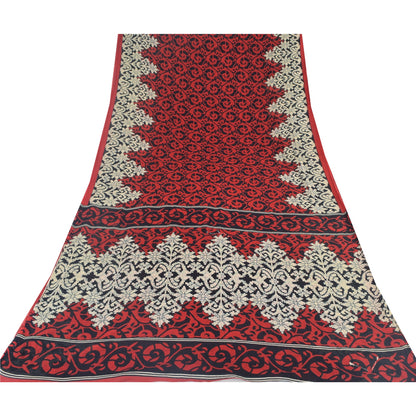Sanskriti Vintage Sarees Red/Black Pure Cotton Printed Sari 5yd Craft Sustainable Fabric