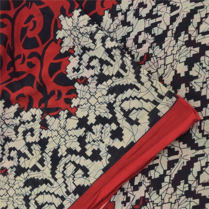 Sanskriti Vintage Sarees Red/Black Pure Cotton Printed Sari 5yd Craft Sustainable Fabric