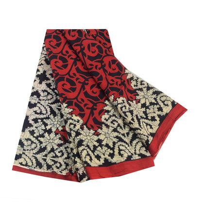 Sanskriti Vintage Sarees Red/Black Pure Cotton Printed Sari 5yd Craft Sustainable Fabric