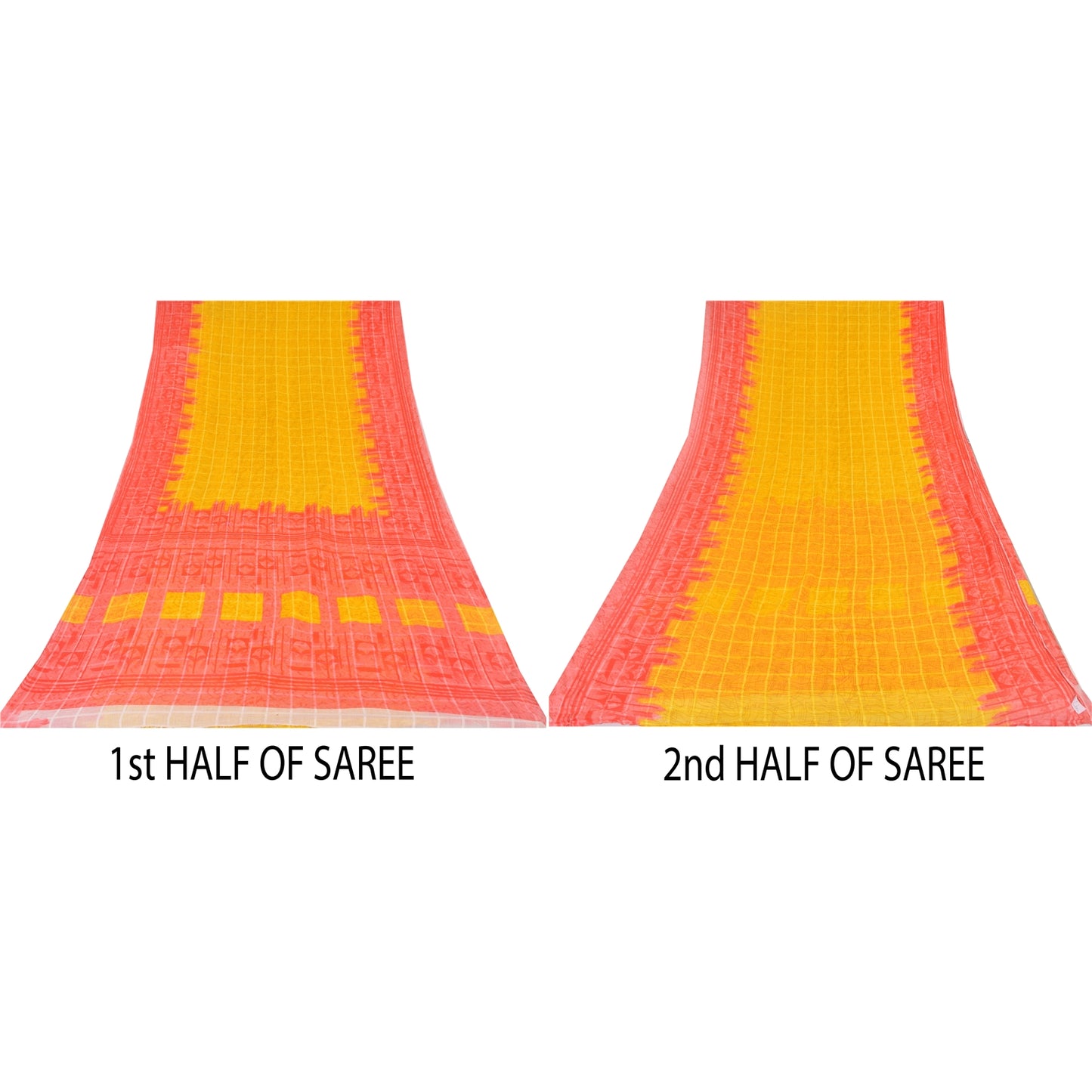 Sanskriti Vintage Sarees Yellow/Red Pure Cotton Printed Sari 5yd Craft Sustainable Fabric