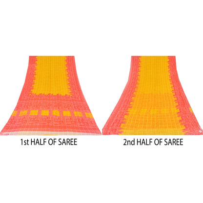 Sanskriti Vintage Sarees Yellow/Red Pure Cotton Printed Sari 5yd Craft Sustainable Fabric