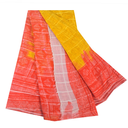 Sanskriti Vintage Sarees Yellow/Red Pure Cotton Printed Sari 5yd Craft Sustainable Fabric
