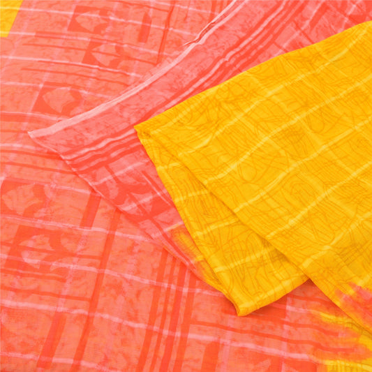 Sanskriti Vintage Sarees Yellow/Red Pure Cotton Printed Sari 5yd Craft Sustainable Fabric