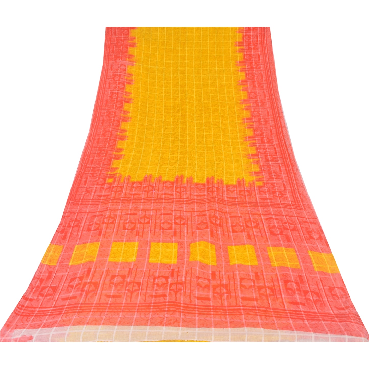 Sanskriti Vintage Sarees Yellow/Red Pure Cotton Printed Sari 5yd Craft Sustainable Fabric