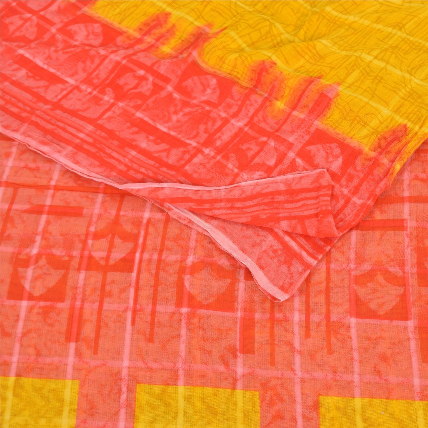 Sanskriti Vintage Sarees Yellow/Red Pure Cotton Printed Sari 5yd Craft Sustainable Fabric