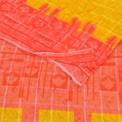 Sanskriti Vintage Sarees Yellow/Red Pure Cotton Printed Sari 5yd Craft Sustainable Fabric