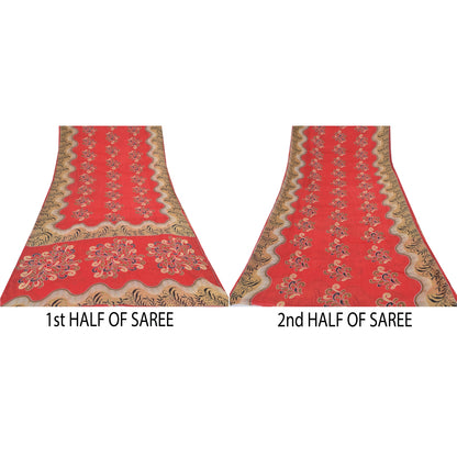 Sanskriti Vintage Sarees From India Red Pure Cotton Print Sari 5yd Craft Sustainable Fabric