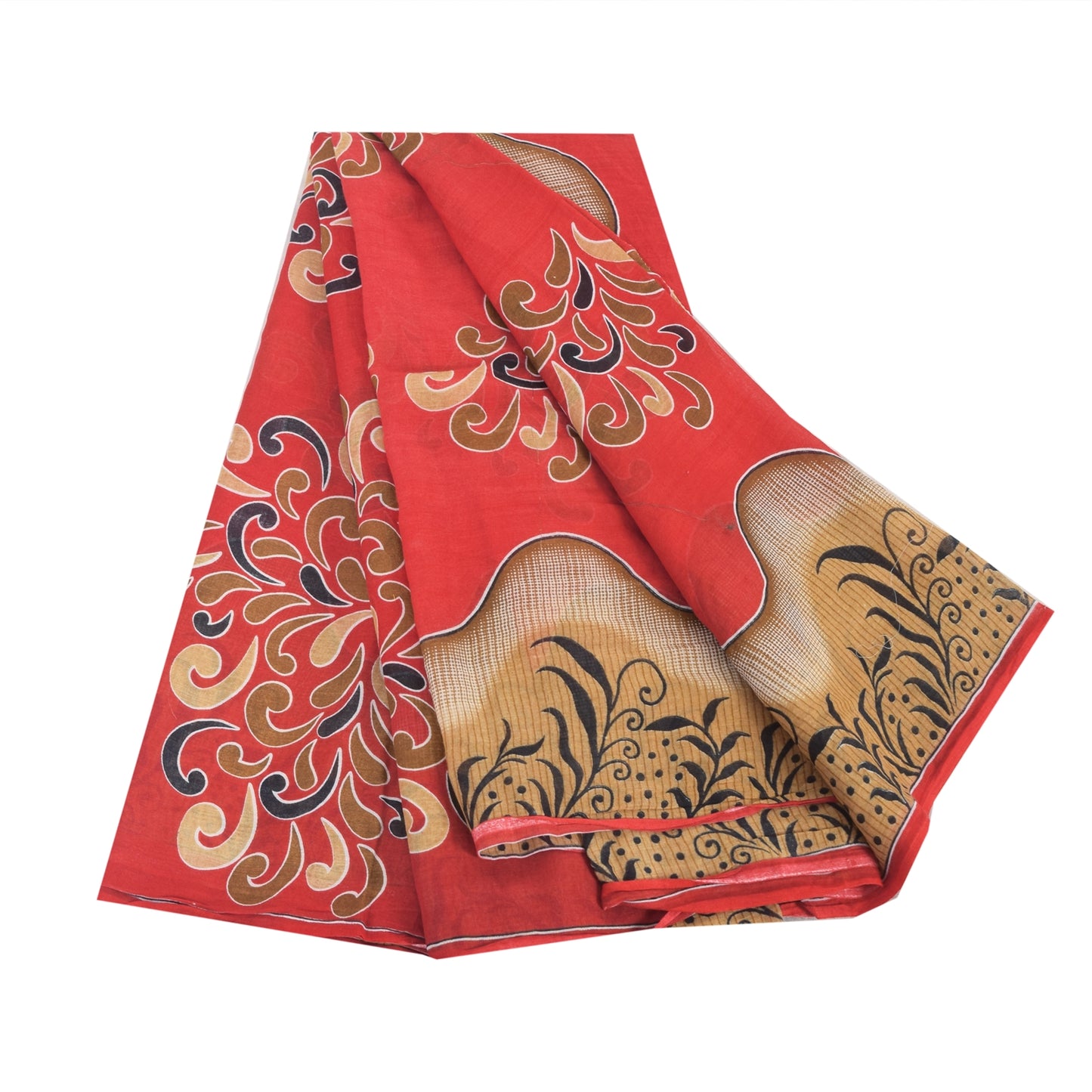 Sanskriti Vintage Sarees From India Red Pure Cotton Print Sari 5yd Craft Sustainable Fabric