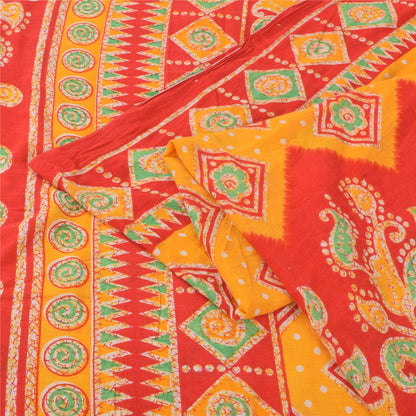 Sanskriti Vintage Sarees Yellow/Red Pure Cotton Printed Sari 5yd Craft Sustainable Fabric