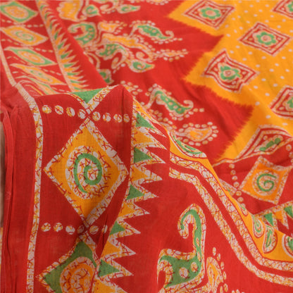 Sanskriti Vintage Sarees Yellow/Red Pure Cotton Printed Sari 5yd Craft Sustainable Fabric