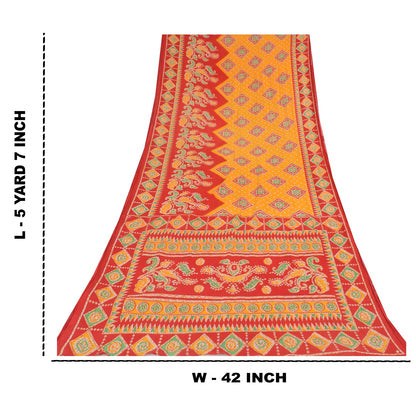 Sanskriti Vintage Sarees Yellow/Red Pure Cotton Printed Sari 5yd Craft Sustainable Fabric