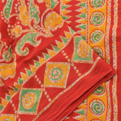 Sanskriti Vintage Sarees Yellow/Red Pure Cotton Printed Sari 5yd Craft Sustainable Fabric