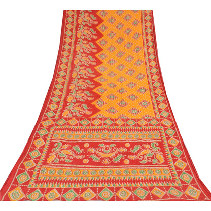 Sanskriti Vintage Sarees Yellow/Red Pure Cotton Printed Sari 5yd Craft Sustainable Fabric