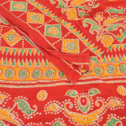 Sanskriti Vintage Sarees Yellow/Red Pure Cotton Printed Sari 5yd Craft Sustainable Fabric