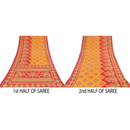 Sanskriti Vintage Sarees Yellow/Red Pure Cotton Printed Sari 5yd Craft Sustainable Fabric