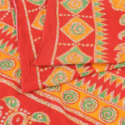 Sanskriti Vintage Sarees Yellow/Red Pure Cotton Printed Sari 5yd Craft Sustainable Fabric