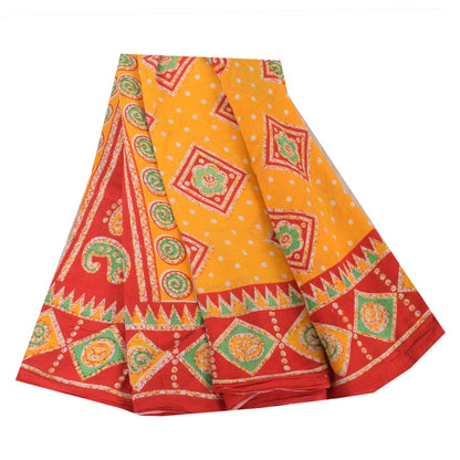 Sanskriti Vintage Sarees Yellow/Red Pure Cotton Printed Sari 5yd Craft Sustainable Fabric