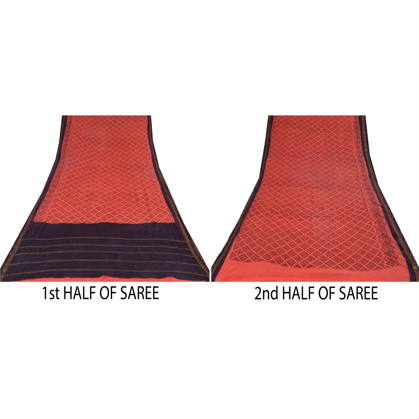 Sanskriti Vintage Sarees Peach/Purple Zari Woven Print Pure Cotton Sari Sustainable Fabric