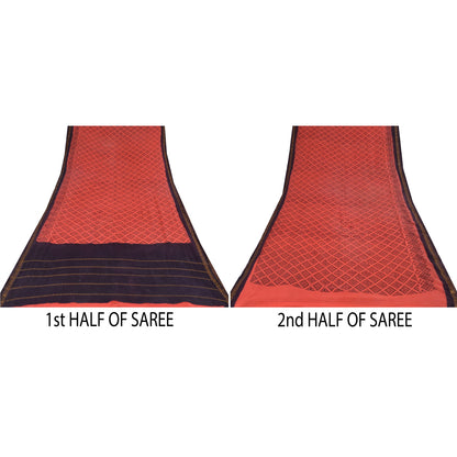 Sanskriti Vintage Sarees Peach/Purple Zari Woven Print Pure Cotton Sari Sustainable Fabric