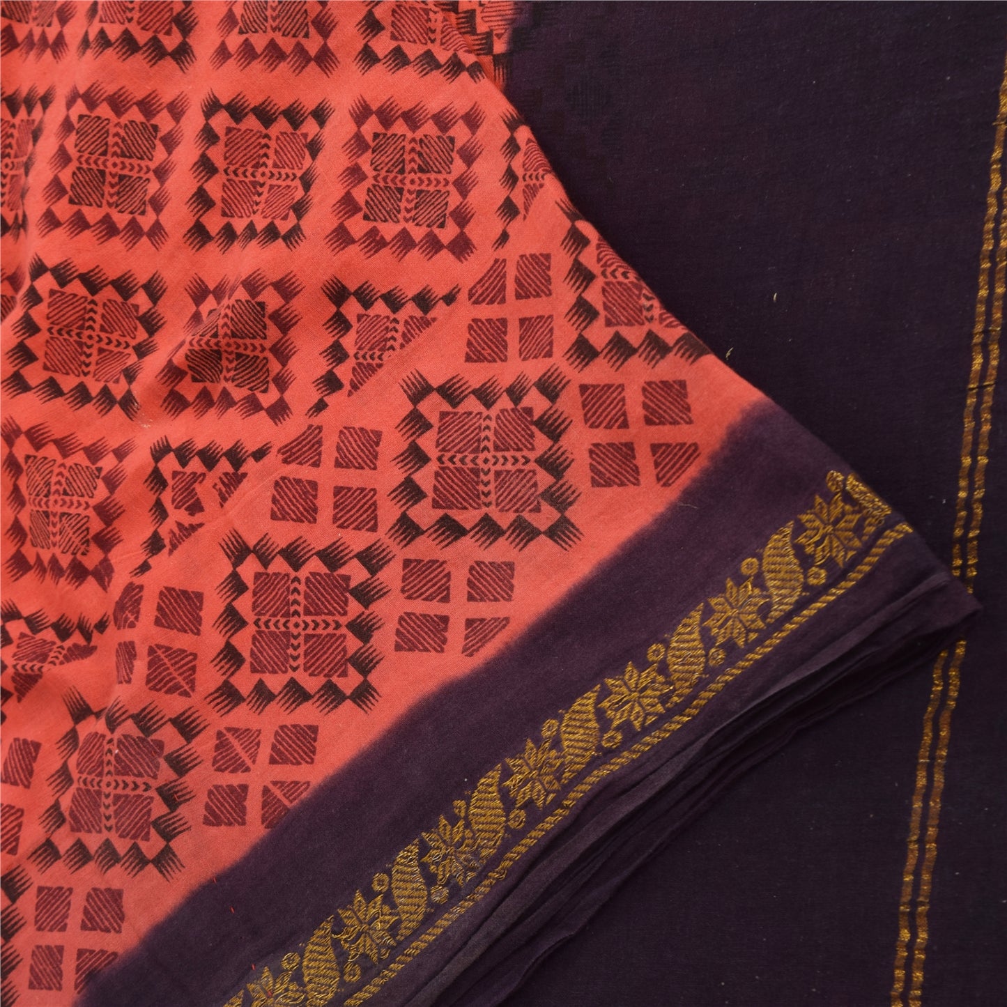 Sanskriti Vintage Sarees Peach/Purple Zari Woven Print Pure Cotton Sari Sustainable Fabric