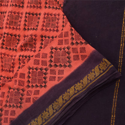 Sanskriti Vintage Sarees Peach/Purple Zari Woven Print Pure Cotton Sari Sustainable Fabric