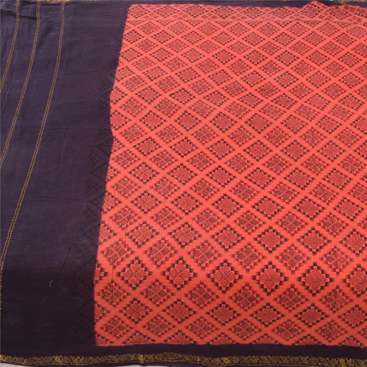 Sanskriti Vintage Sarees Peach/Purple Zari Woven Print Pure Cotton Sari Sustainable Fabric