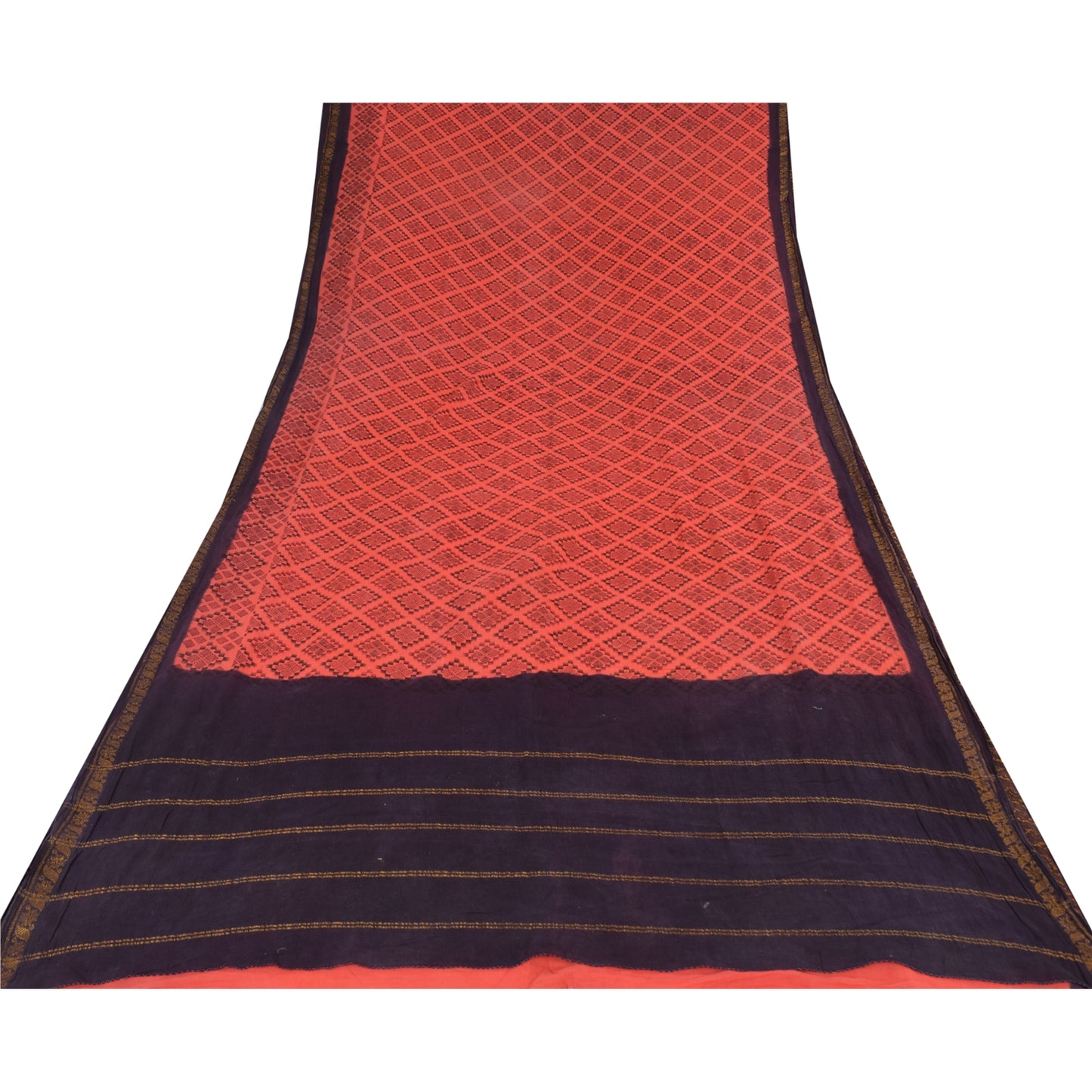 Sanskriti Vintage Sarees Peach/Purple Zari Woven Print Pure Cotton Sari Sustainable Fabric